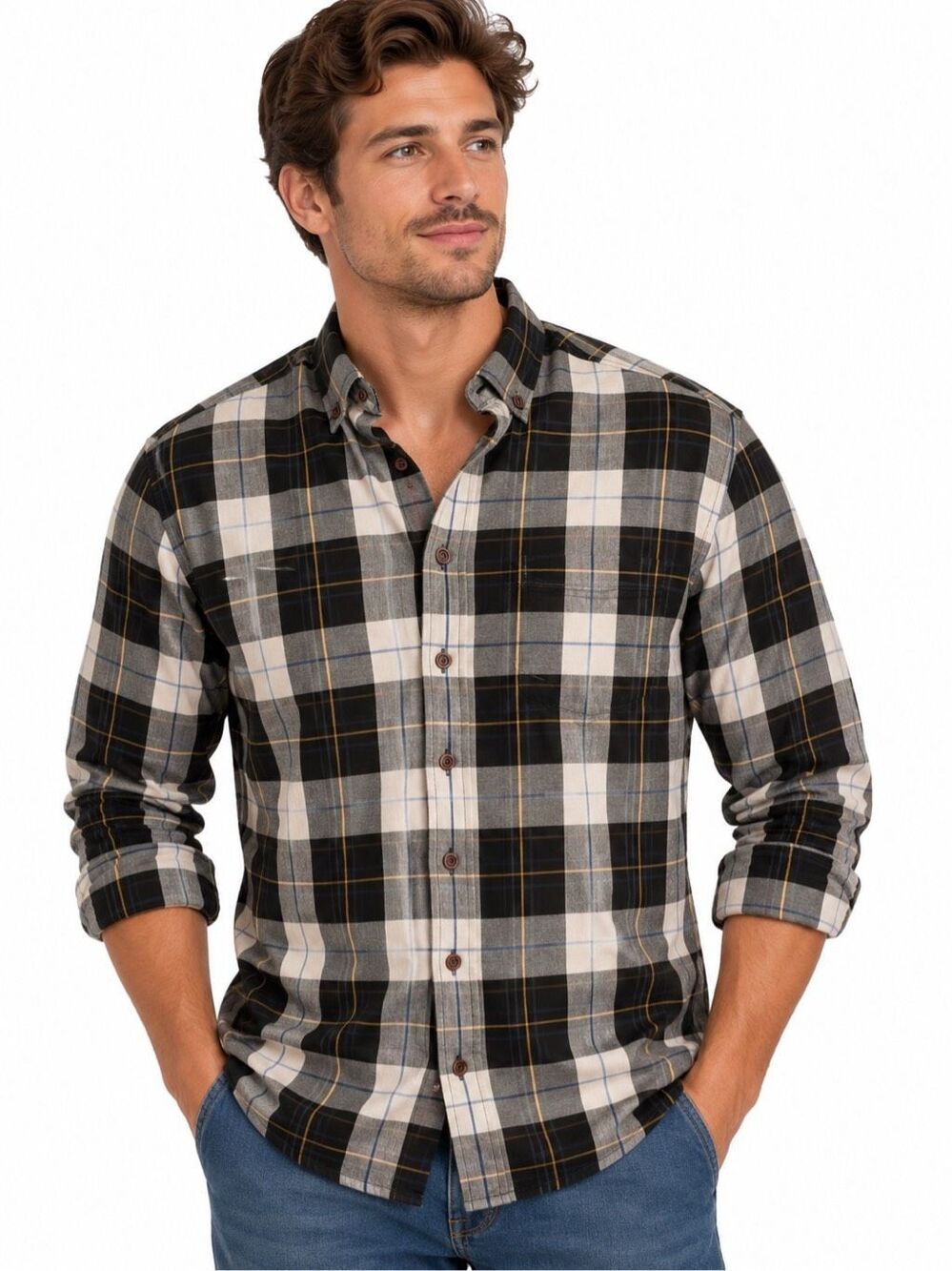 American Eagle Seriously Soft Classic Fit Black Gray Plaid Button Down Shirt SM